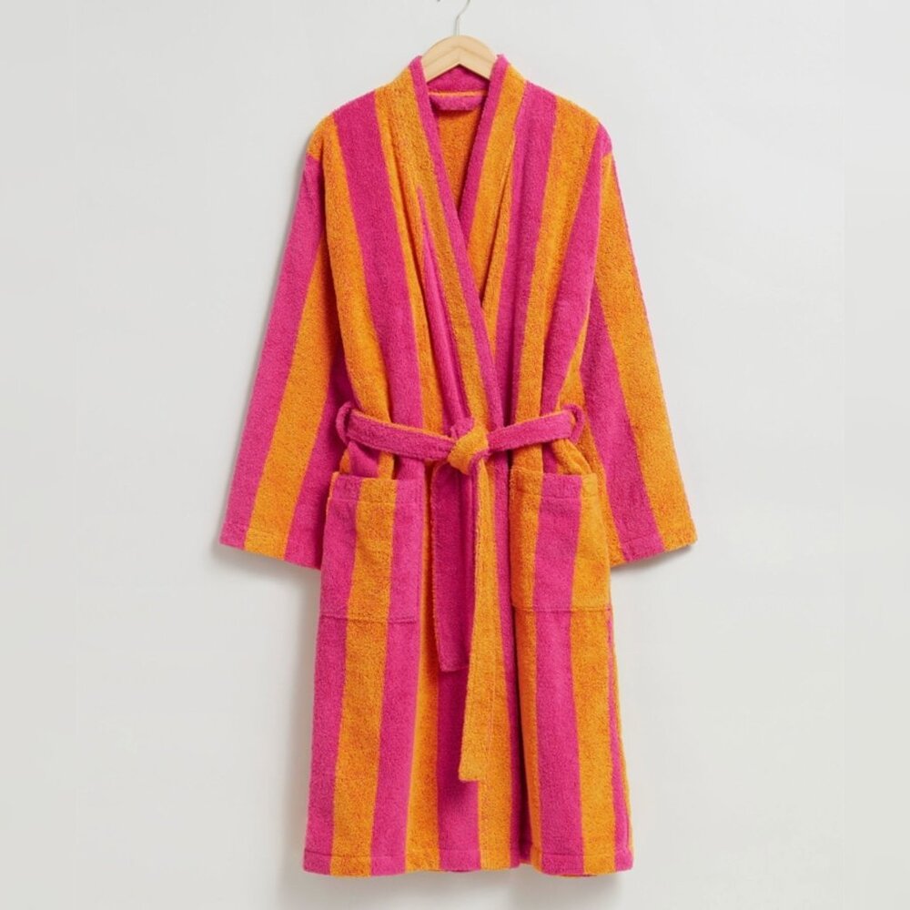 & OTHER STORIES S/M Terry Cloth Stripe Pink Orange Bathrobe Cotton Portugal $168